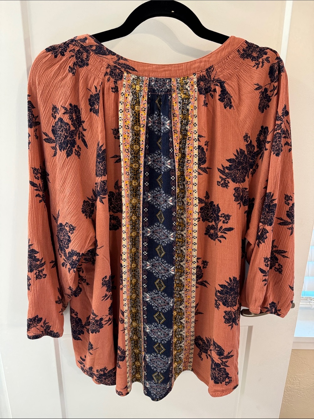 Boho Rust Floral V-Neck Peasant Blouse Navy Patterned Center Puff Sleeve Top - Picture 6 of 8